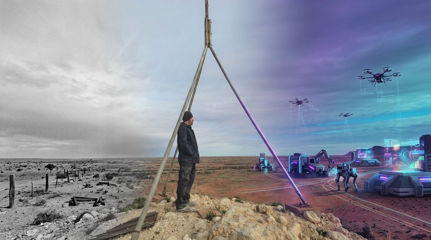 An arid outback plain at dusk. The left half is drained to grey, with old fence posts, rusted iron and a hand-built mining windlass standing on a rise; the right half is in full colour, where autonomous machines work the ground and drones hold station overhead.